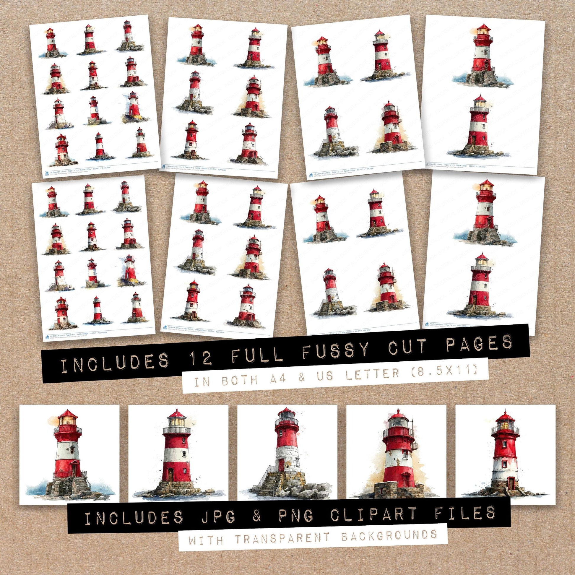 Full collection view of Watercolour Red Lighthouse fussy cut sheets with bonus clipart JPG and PNG files