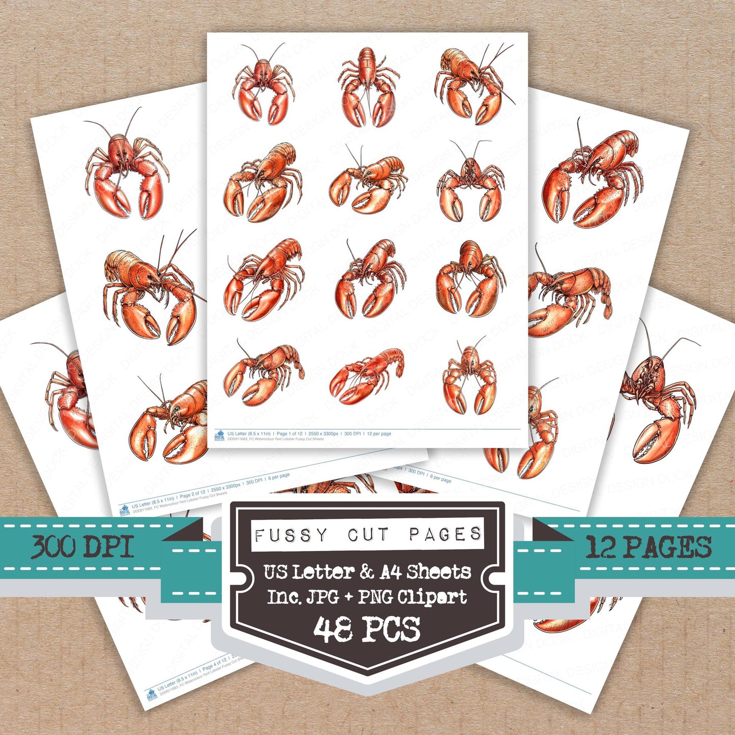 Watercolour Red Lobster fussy cut printable sheets for junk journaling, scrapbooking, and paper craft projects