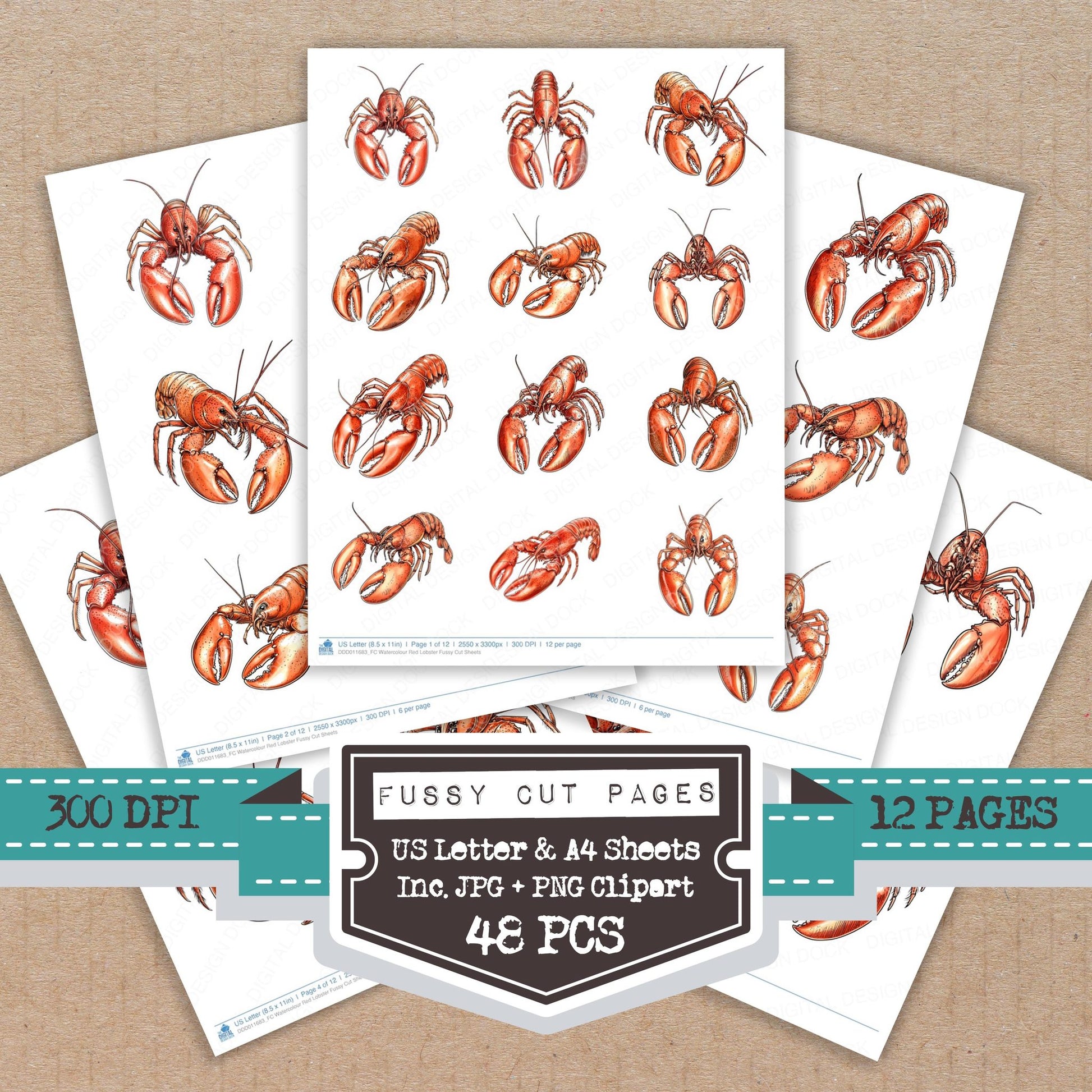 Watercolour Red Lobster fussy cut printable sheets for junk journaling, scrapbooking, and paper craft projects