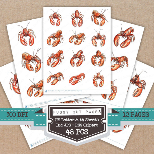 Watercolour Red Lobster fussy cut printable sheets for junk journaling, scrapbooking, and paper craft projects