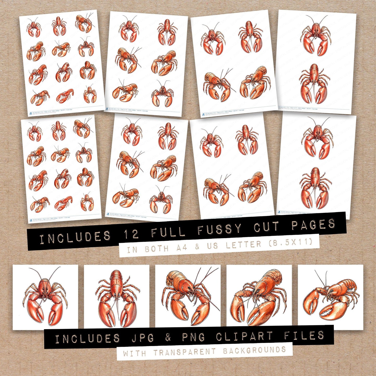 Full collection view of Watercolour Red Lobster fussy cut sheets with bonus clipart JPG and PNG files