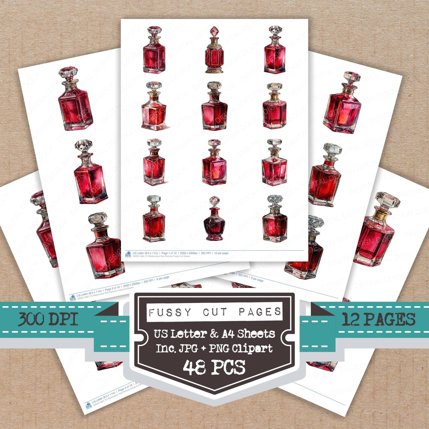 Watercolour Red Perfume Fussy Cut Sheets (DDD011684)