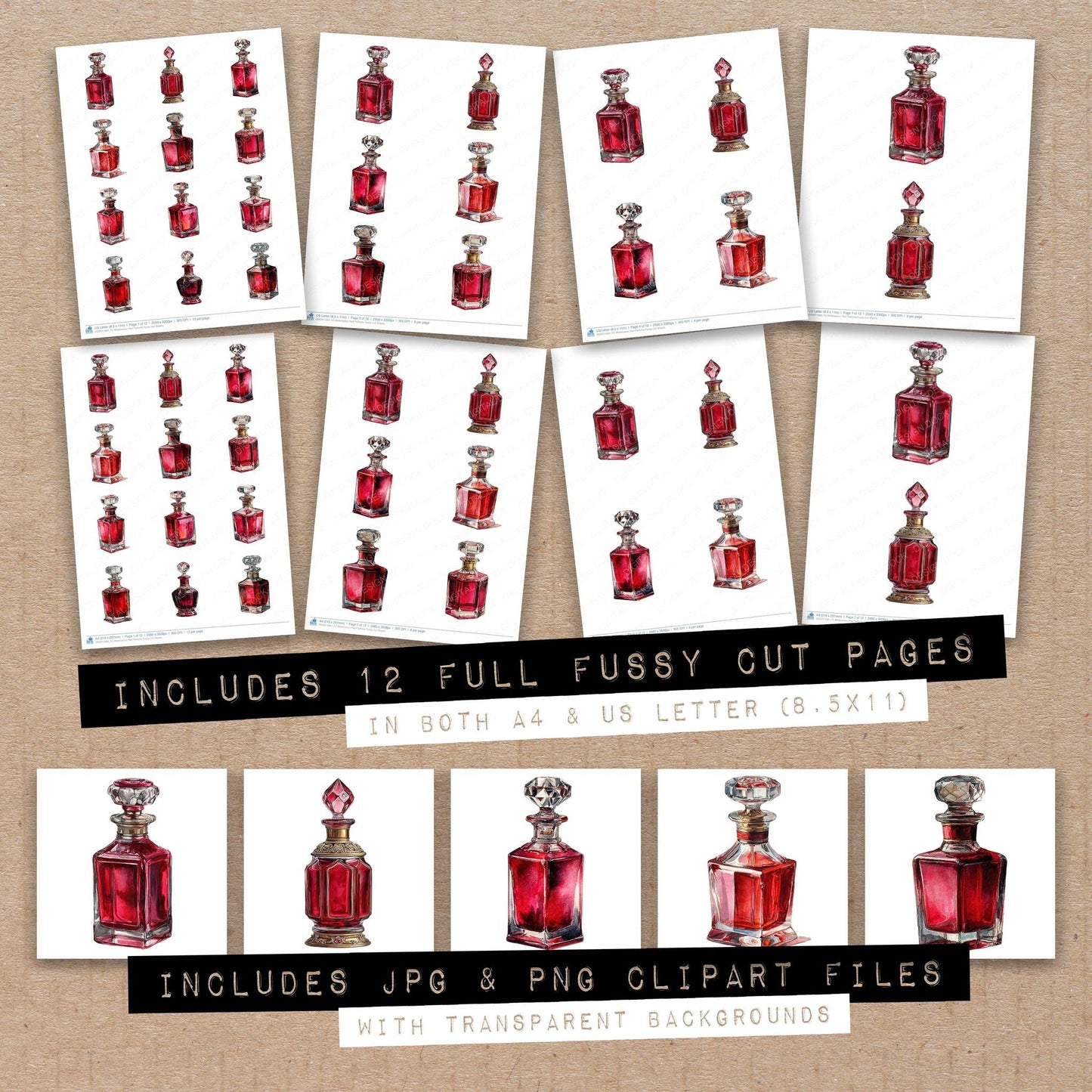 Watercolour Red Perfume Fussy Cut Sheets (DDD011684)
