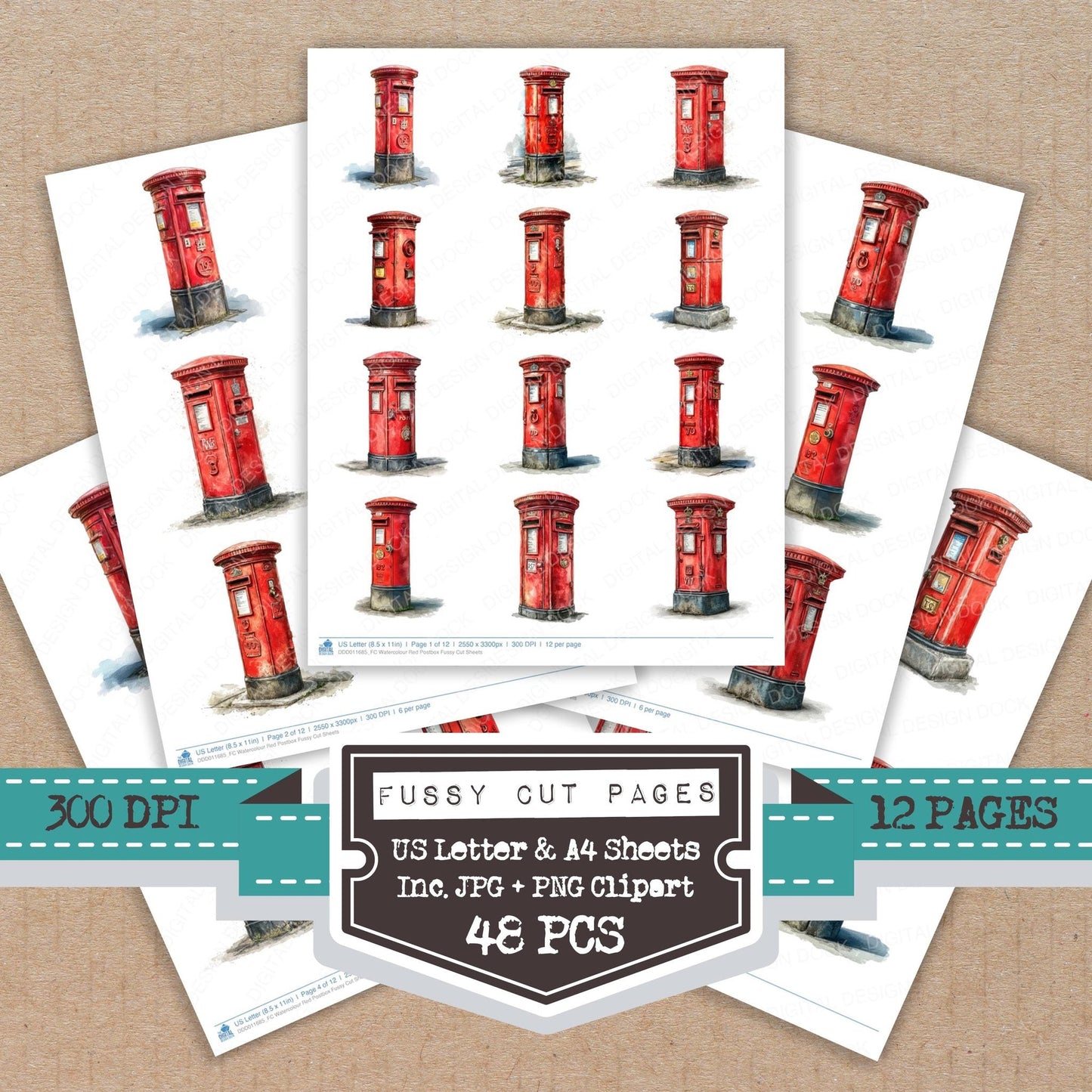 Watercolour Red Postbox Fussy Cut Sheets (DDD011685)