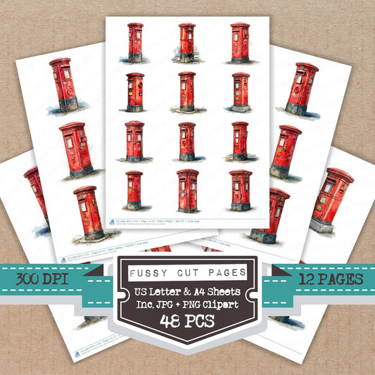 Watercolour Red Postbox Fussy Cut Sheets (DDD011685)