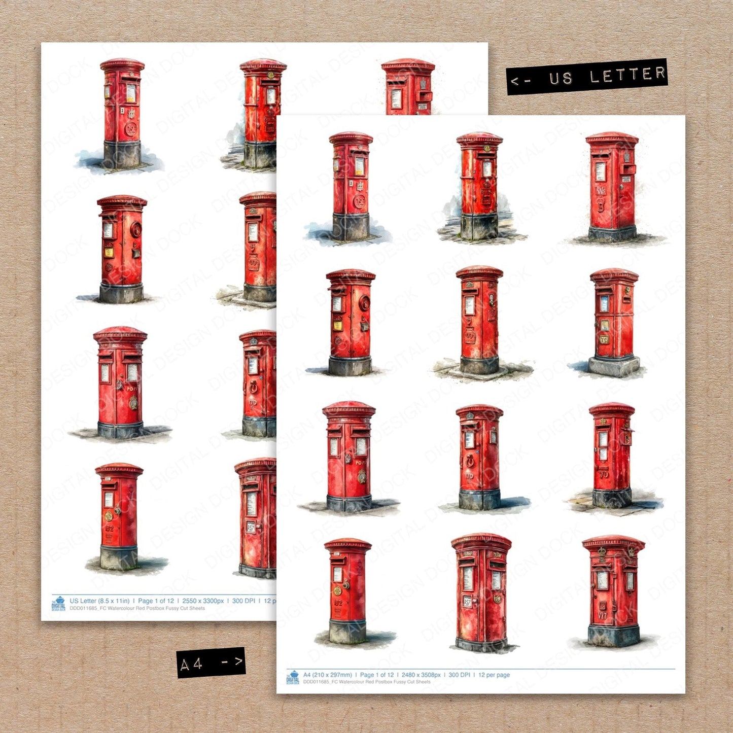Watercolour Red Postbox Fussy Cut Sheets (DDD011685)
