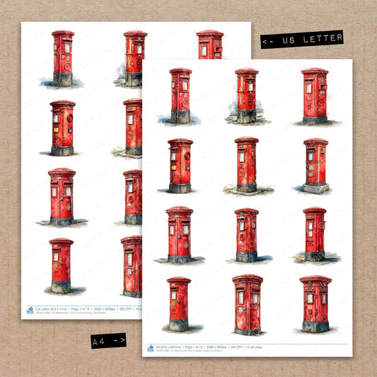 Watercolour Red Postbox Fussy Cut Sheets (DDD011685)