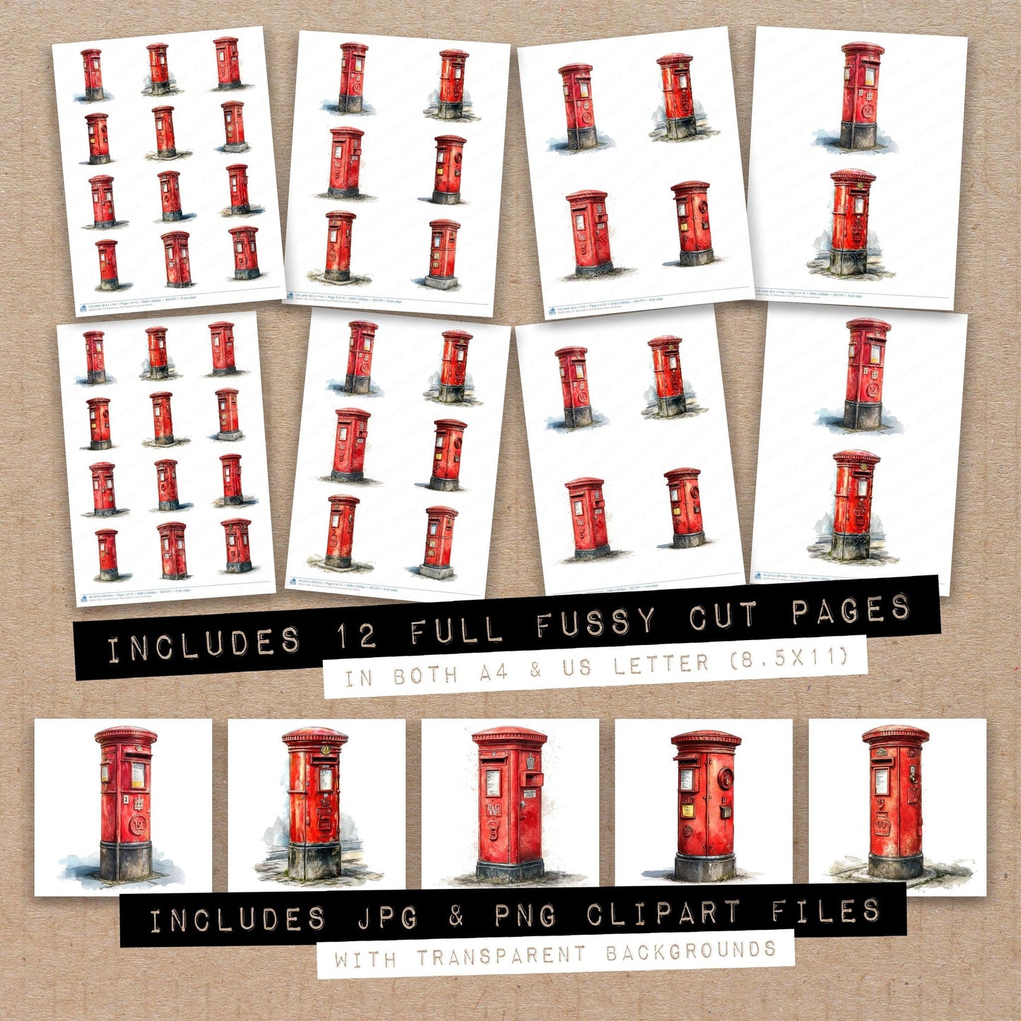 Watercolour Red Postbox Fussy Cut Sheets (DDD011685)