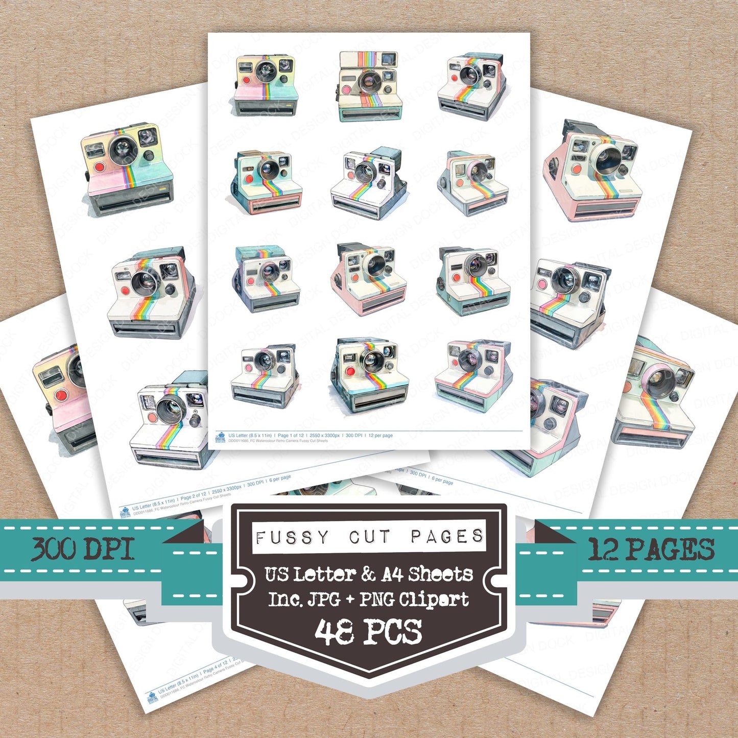 Watercolour Retro Camera fussy cut printable sheets for junk journaling, scrapbooking, and paper craft projects