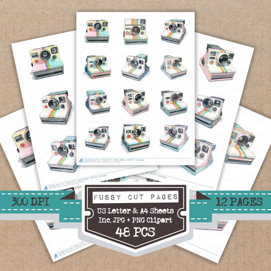 Watercolour Retro Camera fussy cut printable sheets for junk journaling, scrapbooking, and paper craft projects