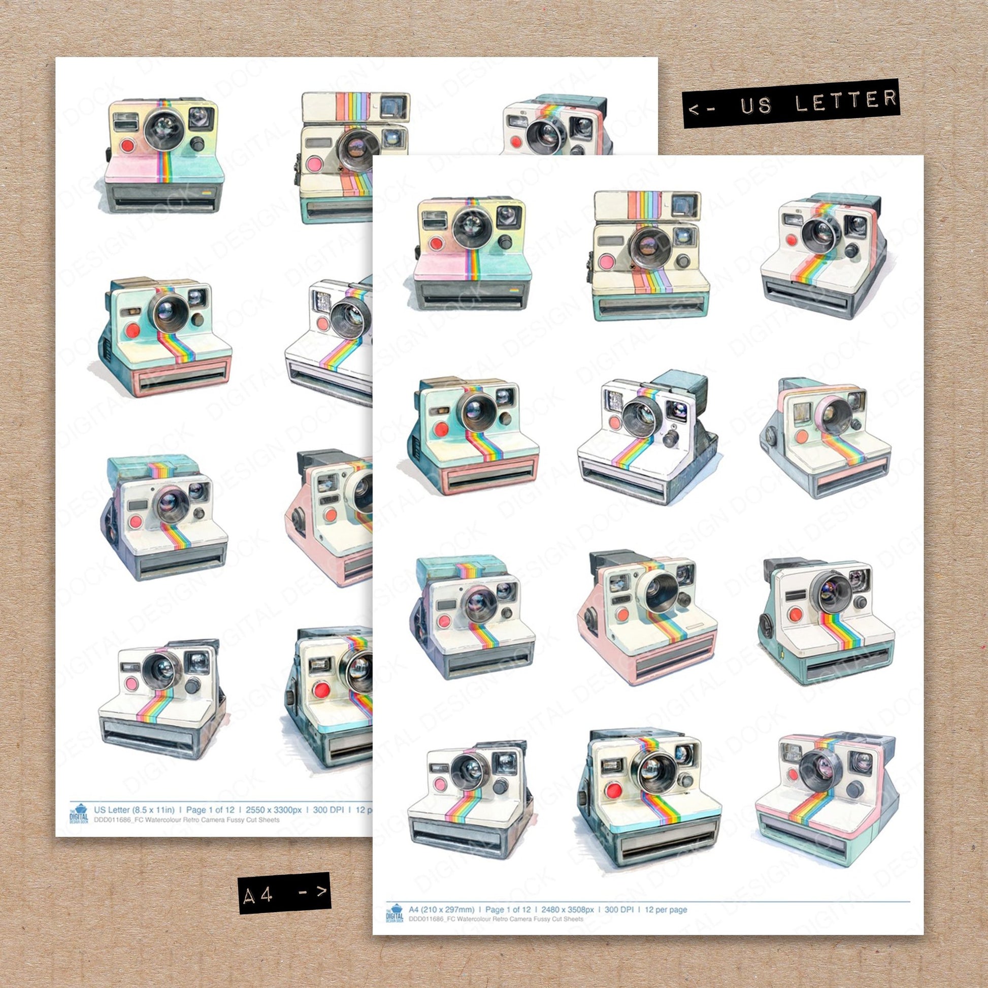 A4 and US Letter format comparison showing Watercolour Retro Camera fussy cut pages for print and cut crafting