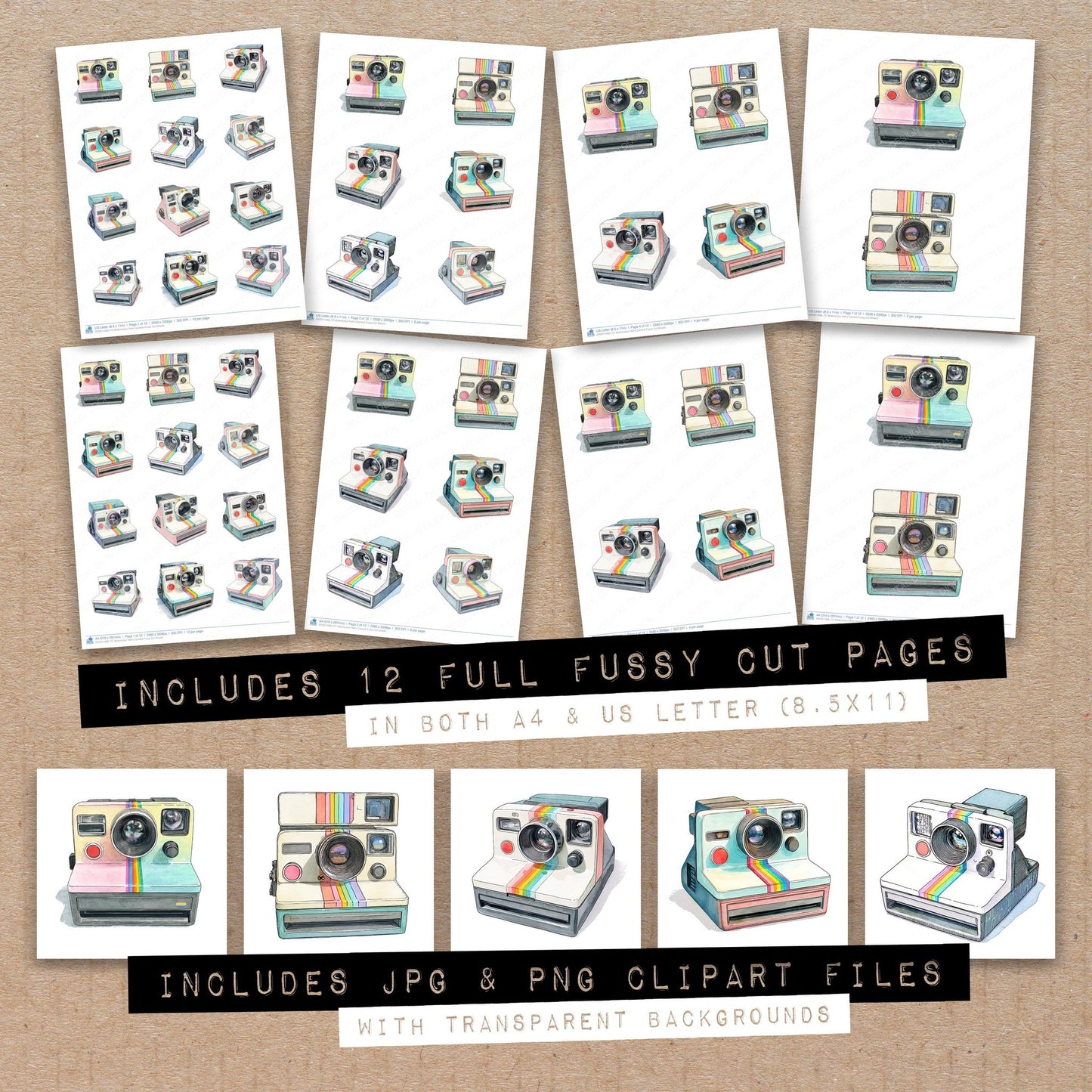 Full collection view of Watercolour Retro Camera fussy cut sheets with bonus clipart JPG and PNG files
