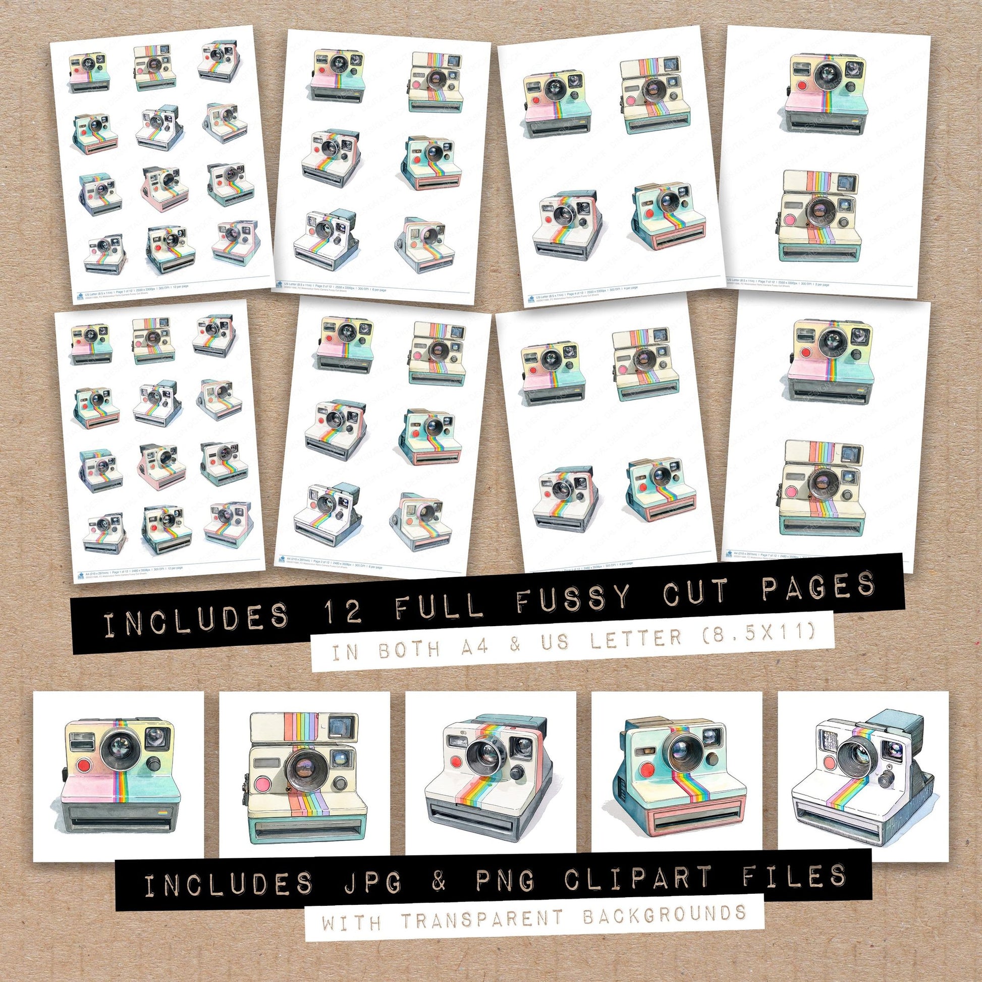 Full collection view of Watercolour Retro Camera fussy cut sheets with bonus clipart JPG and PNG files