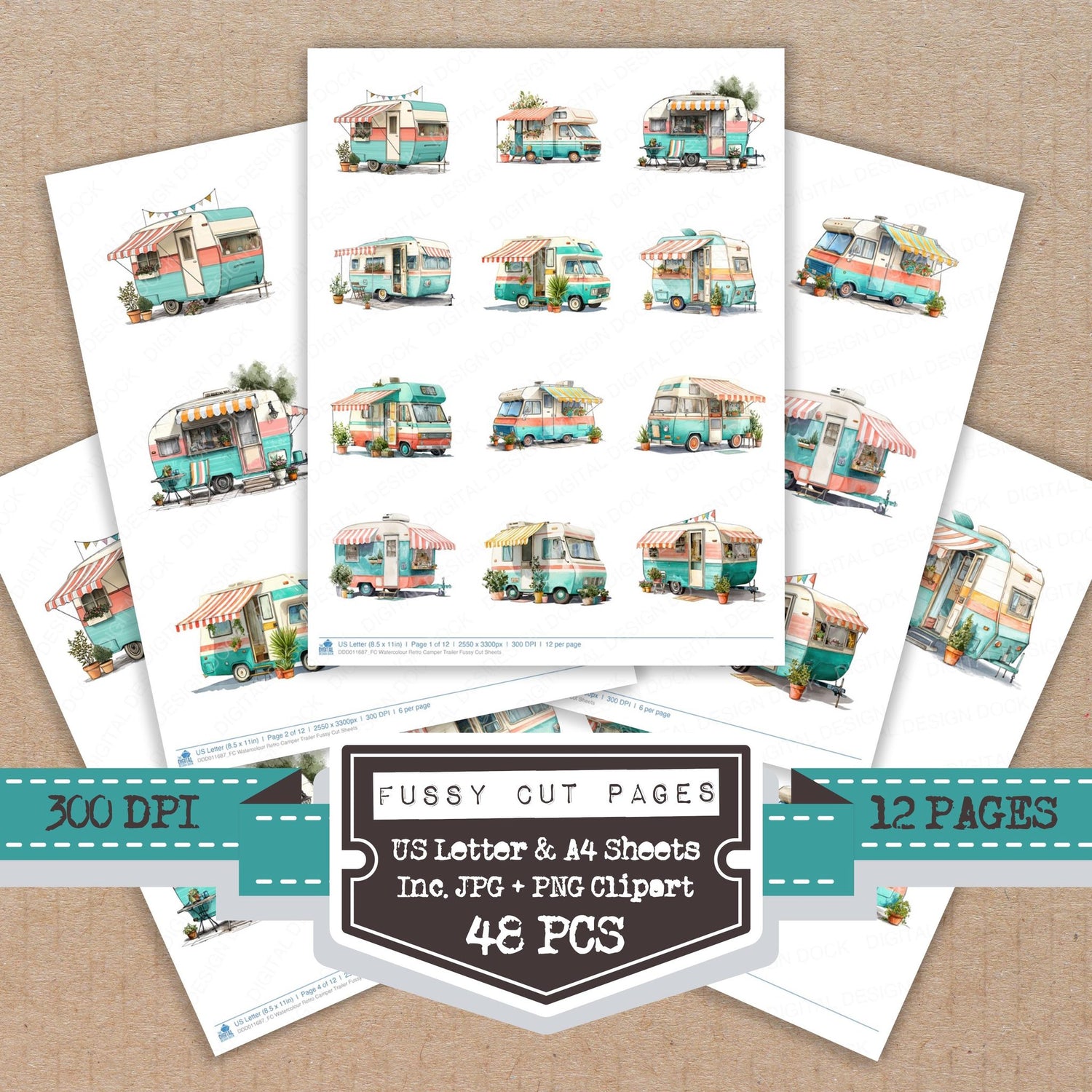 Watercolour Retro Camper Trailer fussy cut printable sheets for junk journaling, scrapbooking, and paper craft projects