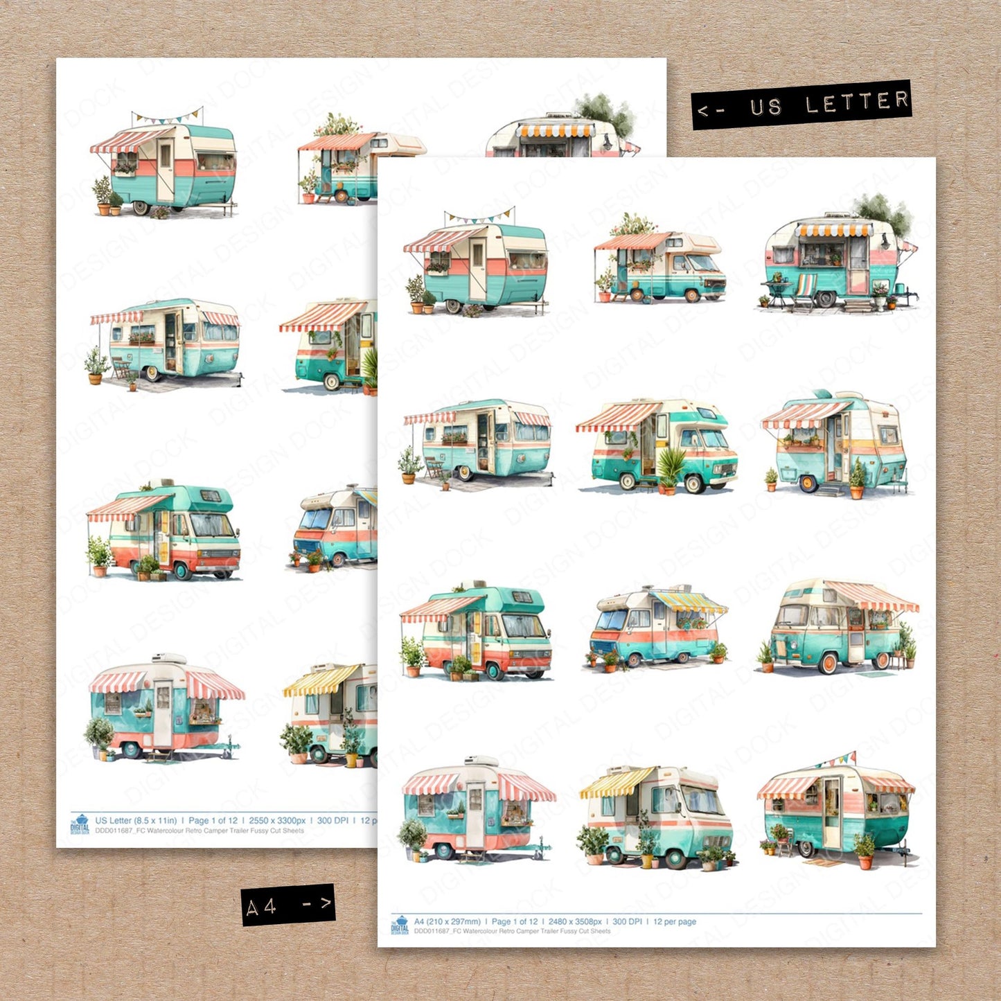 A4 and US Letter format comparison showing Watercolour Retro Camper Trailer fussy cut pages for print and cut crafting
