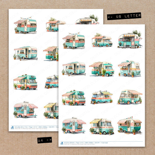 A4 and US Letter format comparison showing Watercolour Retro Camper Trailer fussy cut pages for print and cut crafting