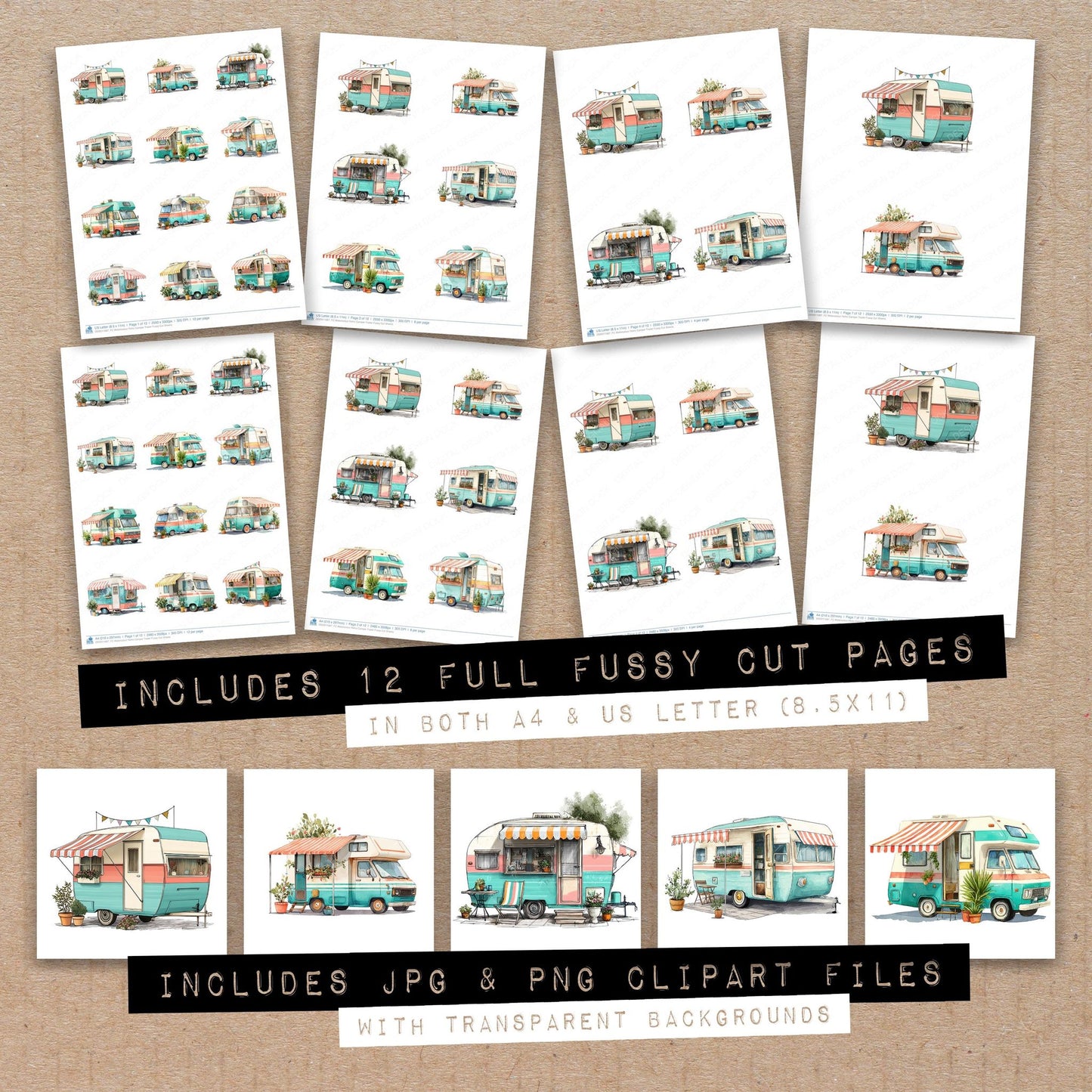 Full collection view of Watercolour Retro Camper Trailer fussy cut sheets with bonus clipart JPG and PNG files