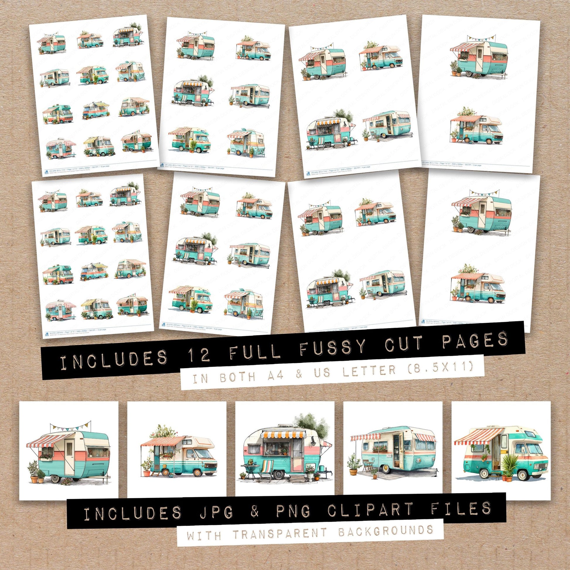 Full collection view of Watercolour Retro Camper Trailer fussy cut sheets with bonus clipart JPG and PNG files