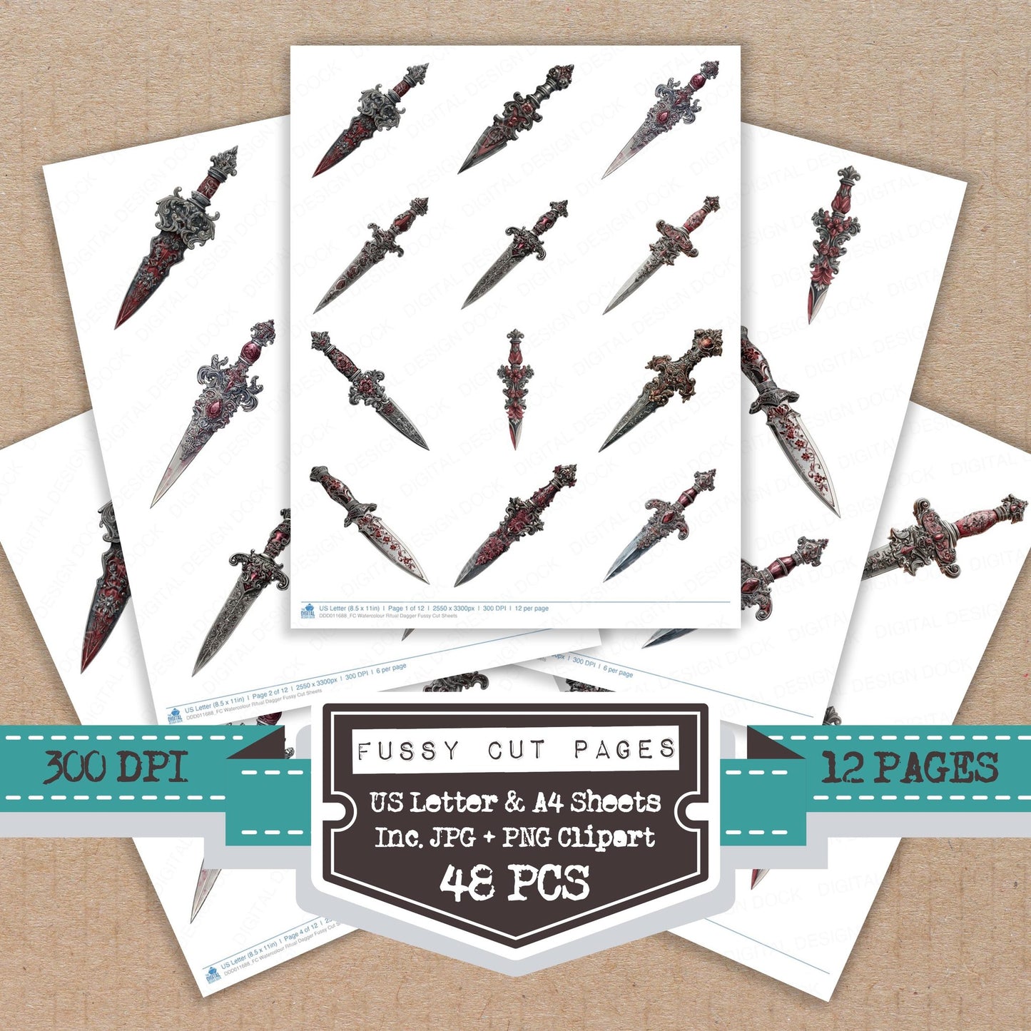 Watercolour Ritual Dagger fussy cut printable sheets for junk journaling, scrapbooking, and paper craft projects
