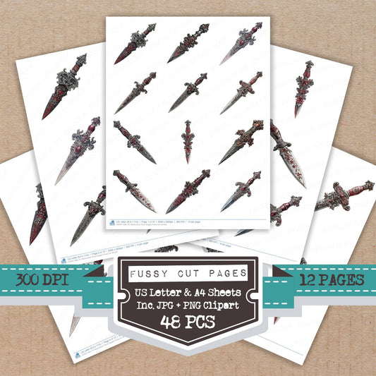 Watercolour Ritual Dagger fussy cut printable sheets for junk journaling, scrapbooking, and paper craft projects