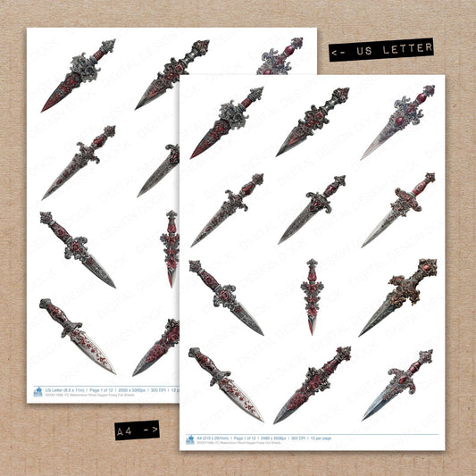 A4 and US Letter format comparison showing Watercolour Ritual Dagger fussy cut pages for print and cut crafting