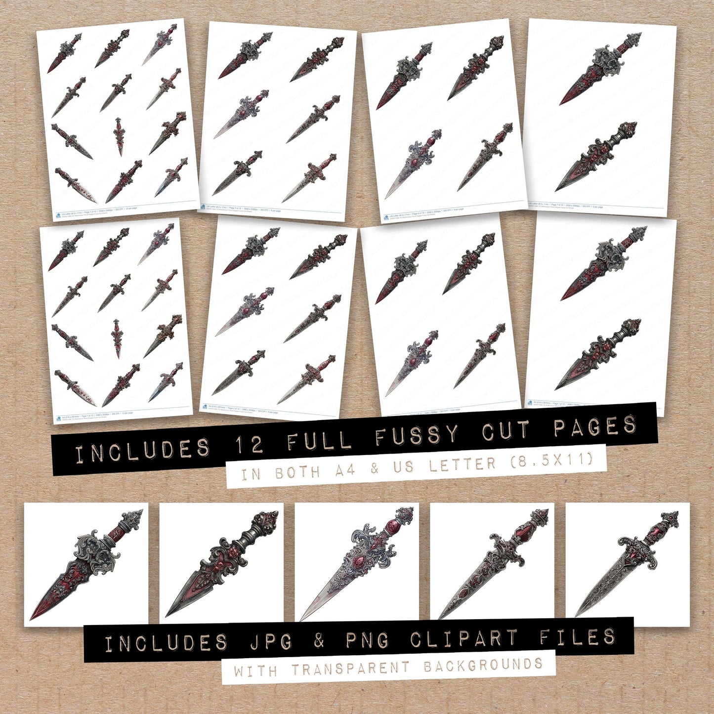 Full collection view of Watercolour Ritual Dagger fussy cut sheets with bonus clipart JPG and PNG files
