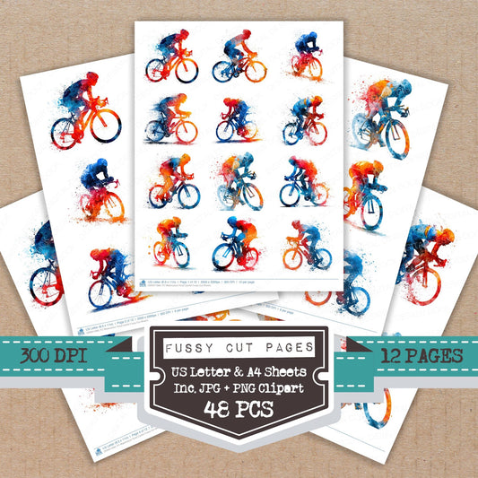 Watercolour Road Cyclist fussy cut printable sheets for junk journaling, scrapbooking, and paper craft projects