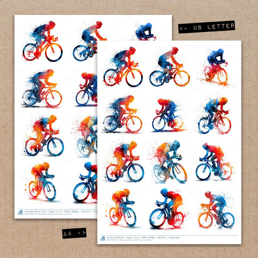 A4 and US Letter format comparison showing Watercolour Road Cyclist fussy cut pages for print and cut crafting