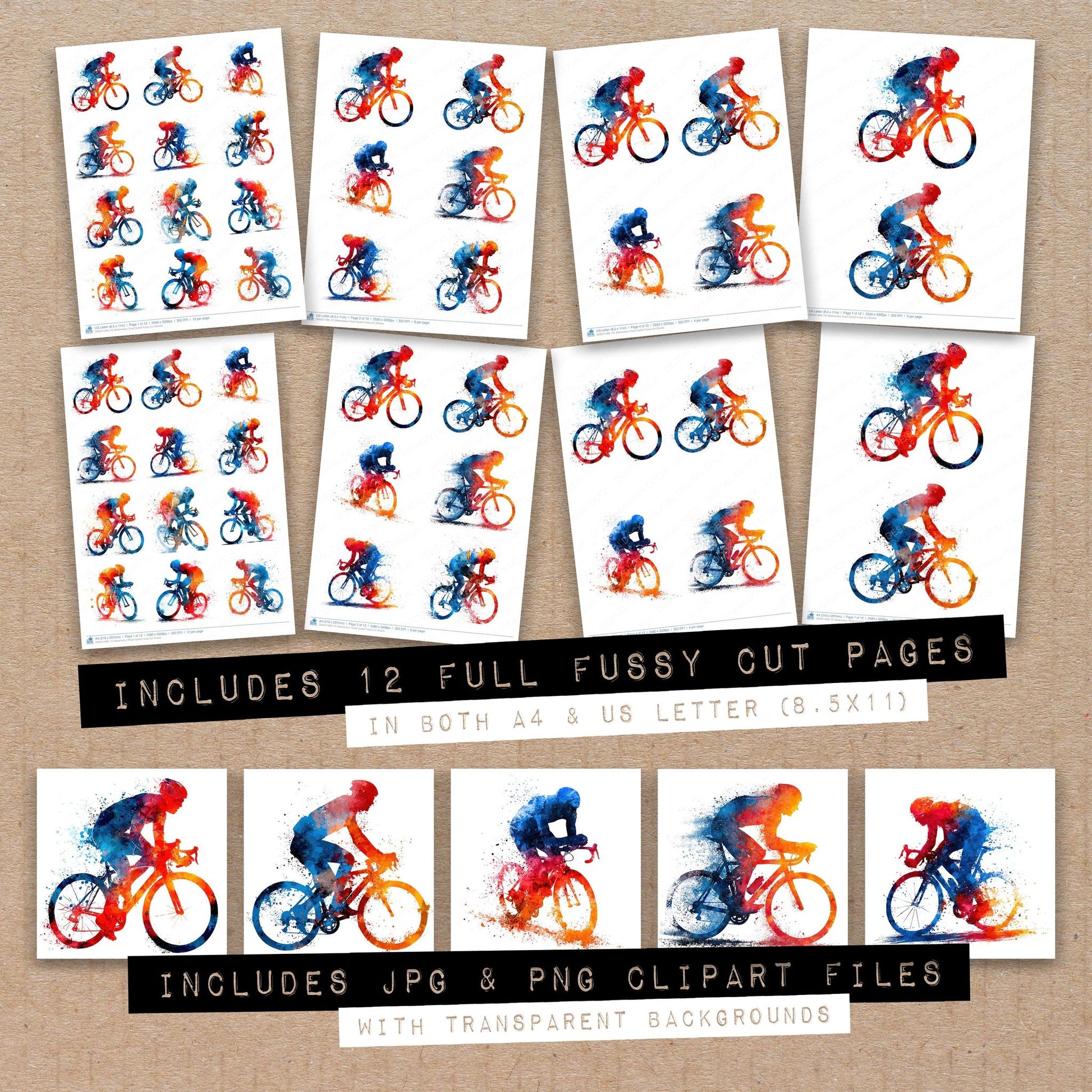 Full collection view of Watercolour Road Cyclist fussy cut sheets with bonus clipart JPG and PNG files