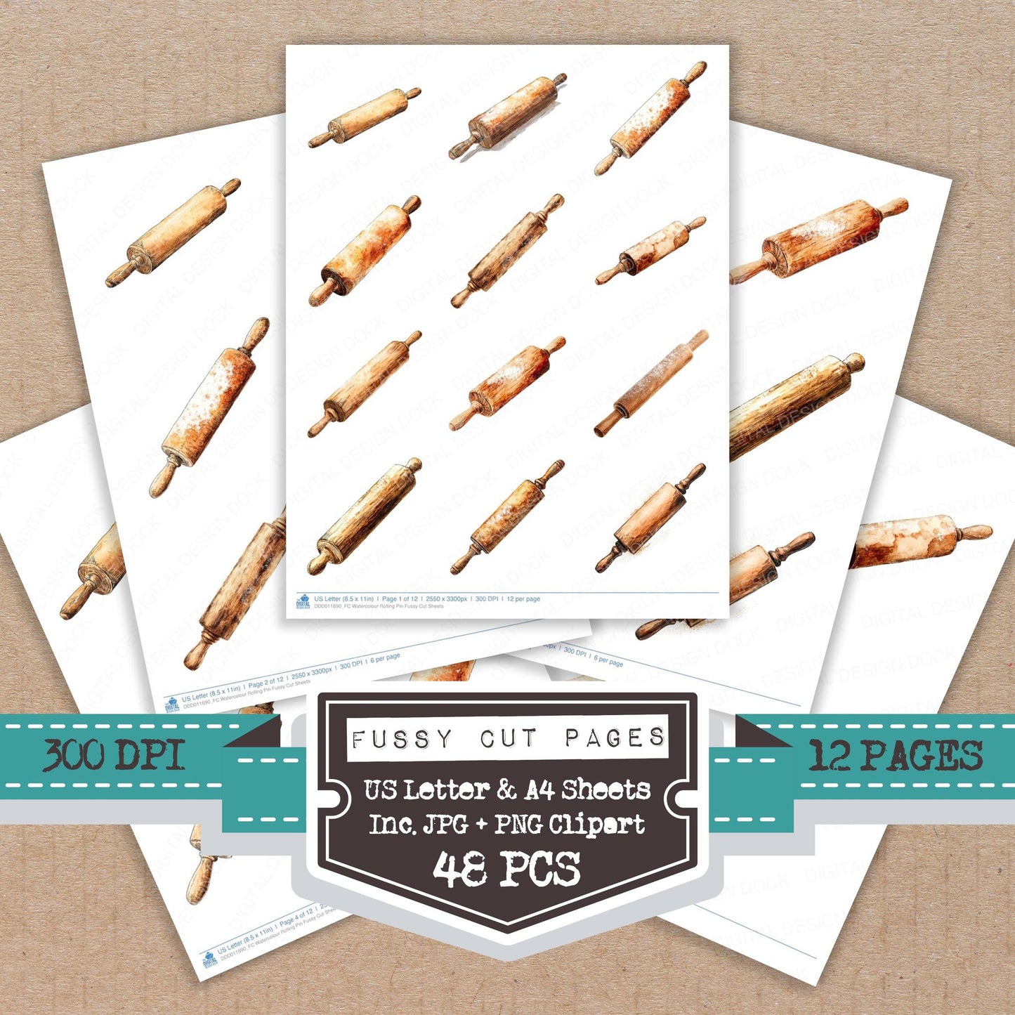 Watercolour Rolling Pin fussy cut printable sheets for junk journaling, scrapbooking, and paper craft projects