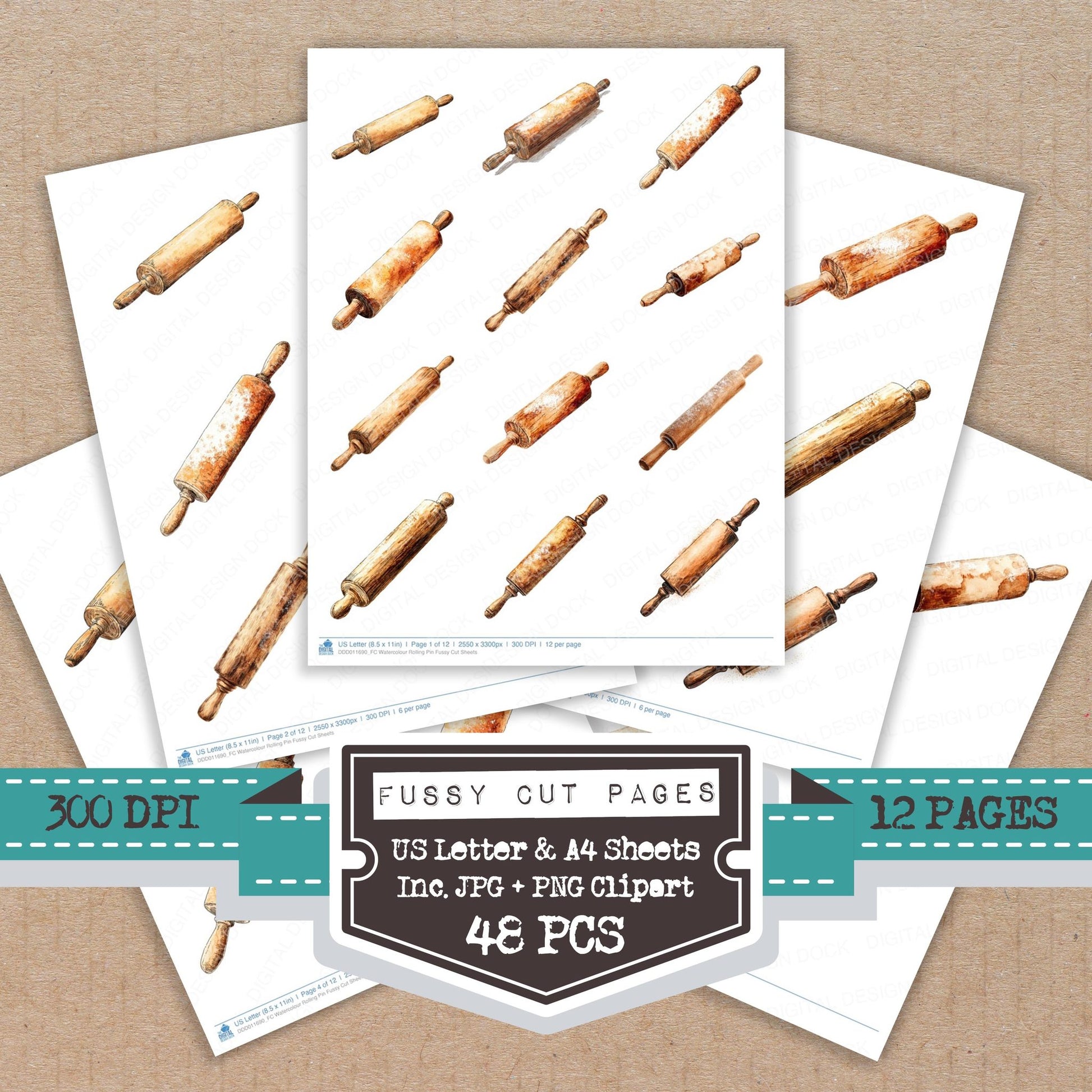 Watercolour Rolling Pin fussy cut printable sheets for junk journaling, scrapbooking, and paper craft projects