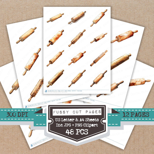Watercolour Rolling Pin fussy cut printable sheets for junk journaling, scrapbooking, and paper craft projects