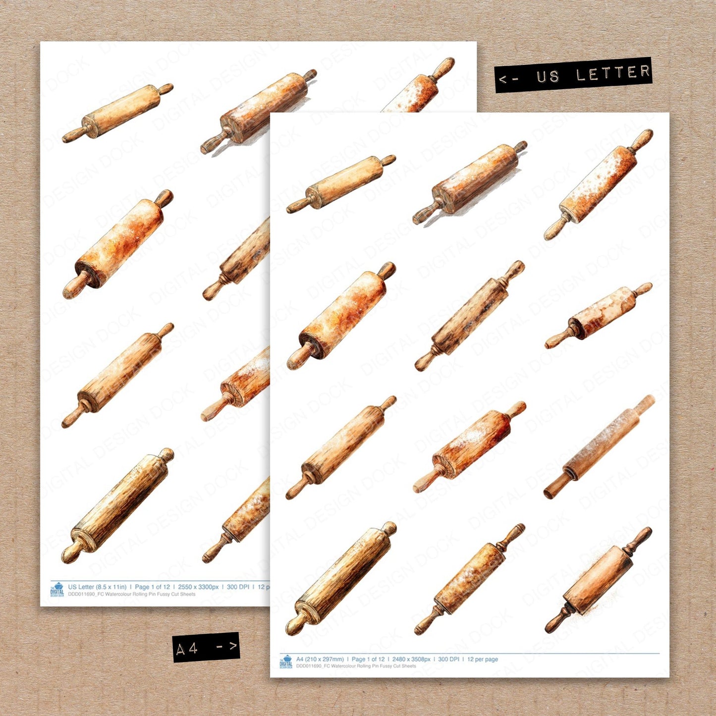 A4 and US Letter format comparison showing Watercolour Rolling Pin fussy cut pages for print and cut crafting