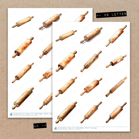A4 and US Letter format comparison showing Watercolour Rolling Pin fussy cut pages for print and cut crafting