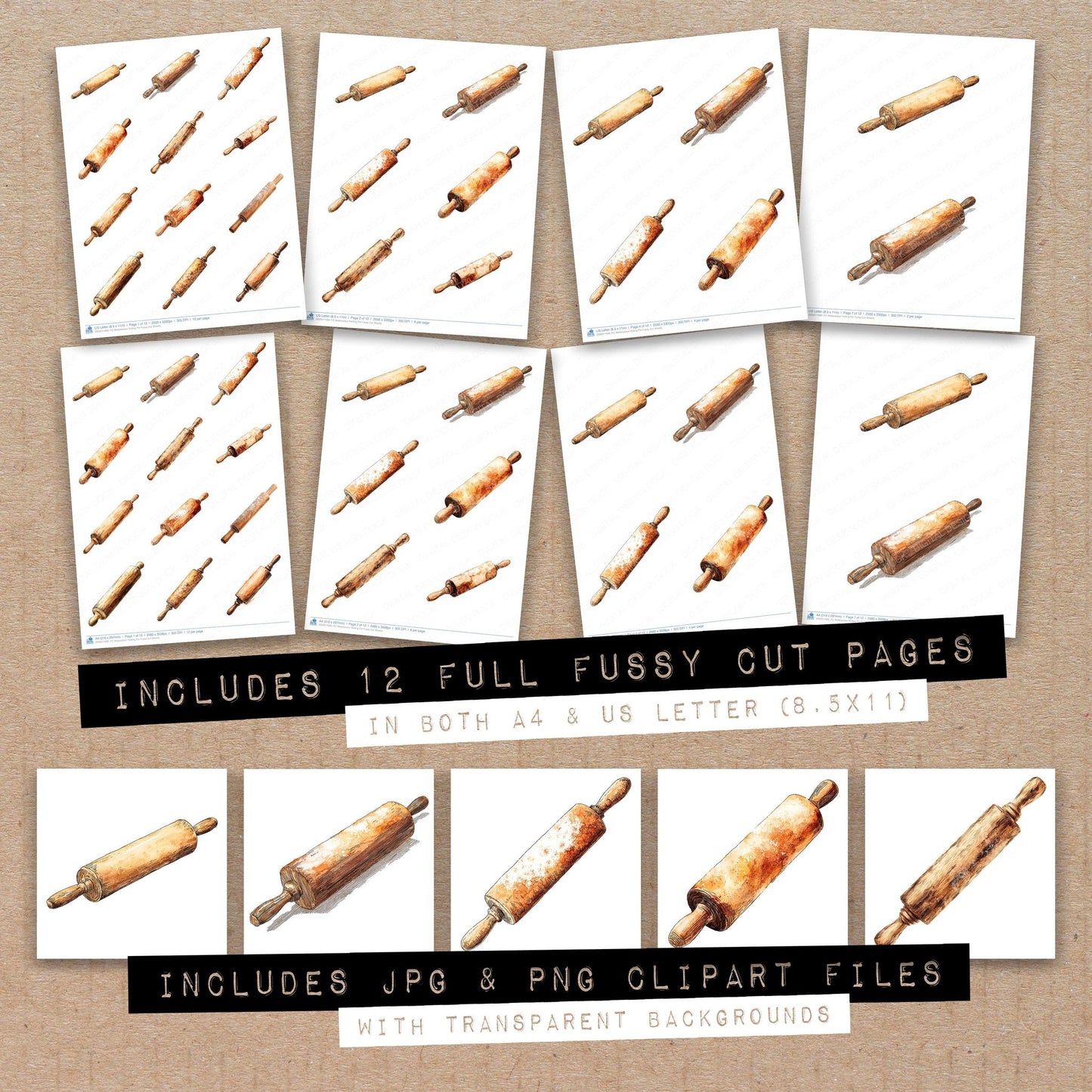Full collection view of Watercolour Rolling Pin fussy cut sheets with bonus clipart JPG and PNG files