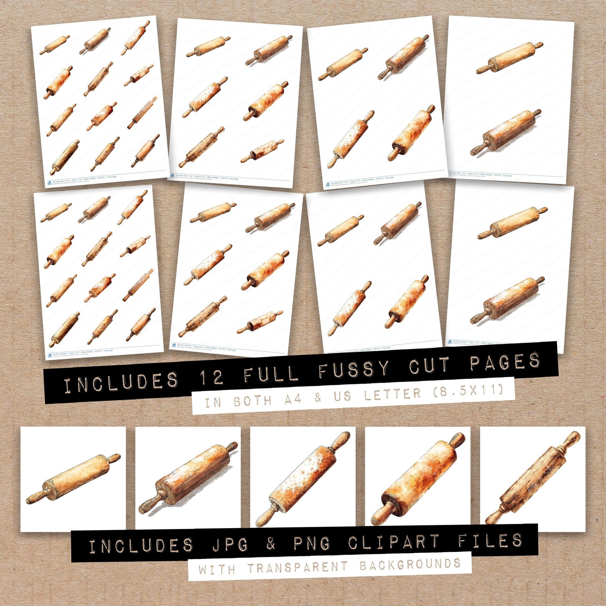 Full collection view of Watercolour Rolling Pin fussy cut sheets with bonus clipart JPG and PNG files