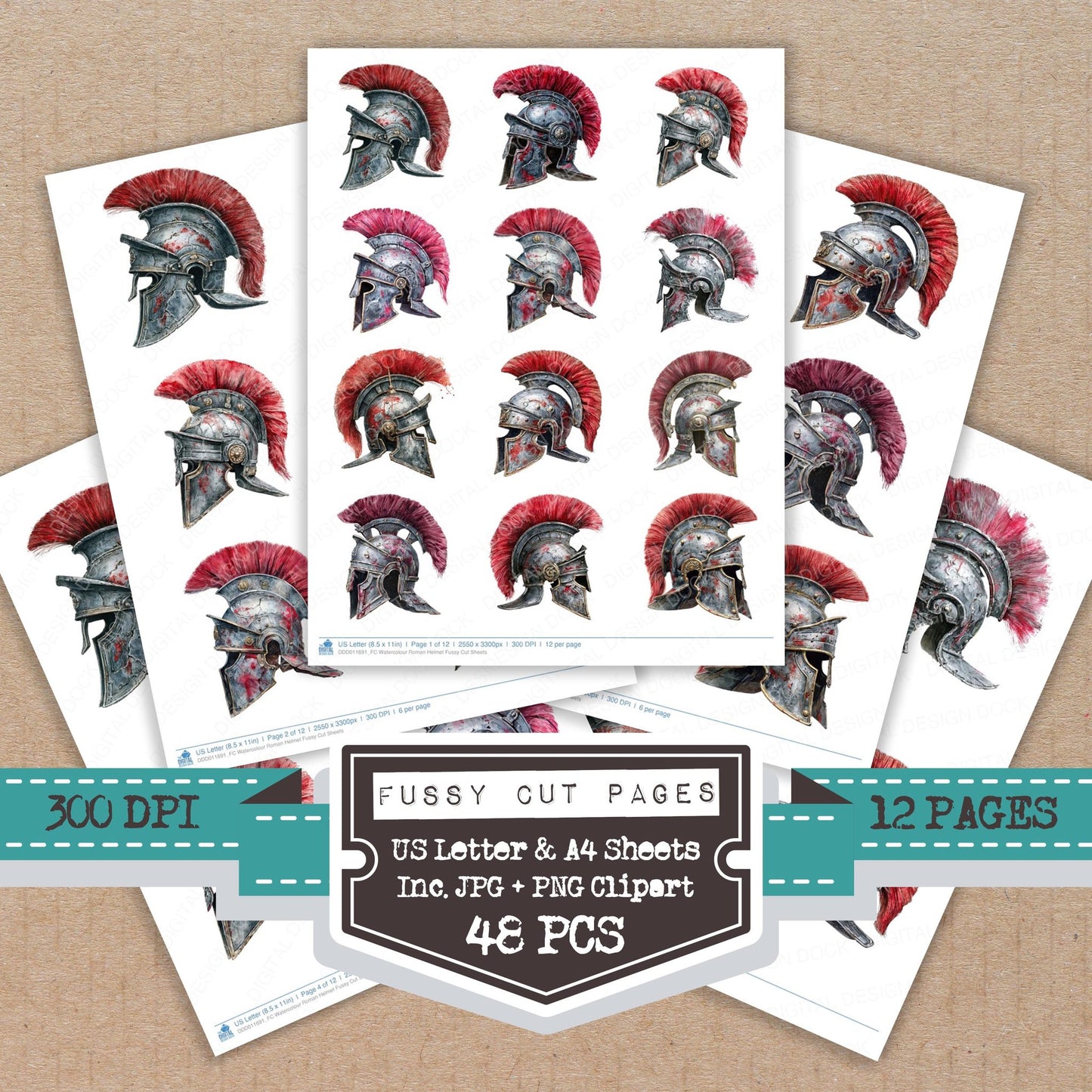 Watercolour Roman Helmet fussy cut printable sheets for junk journaling, scrapbooking, and paper craft projects