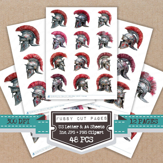 Watercolour Roman Helmet fussy cut printable sheets for junk journaling, scrapbooking, and paper craft projects