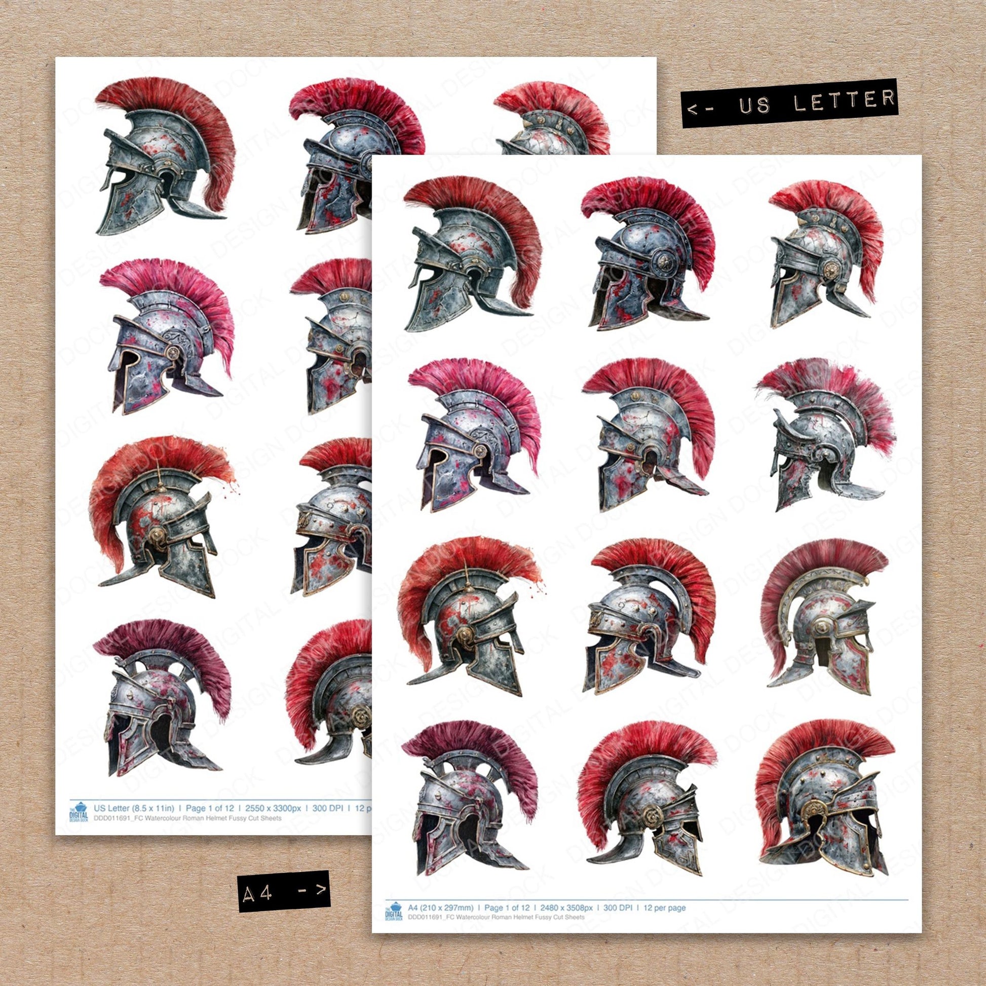A4 and US Letter format comparison showing Watercolour Roman Helmet fussy cut pages for print and cut crafting