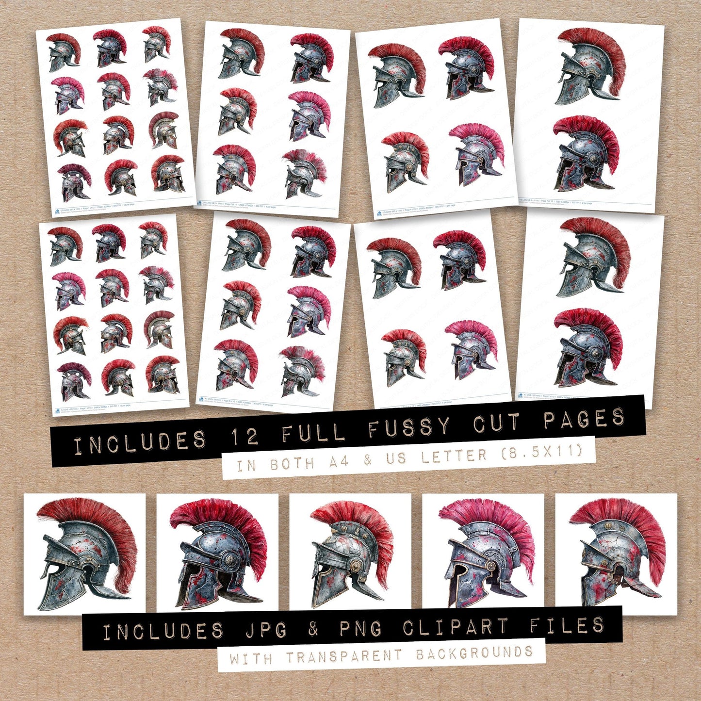 Full collection view of Watercolour Roman Helmet fussy cut sheets with bonus clipart JPG and PNG files