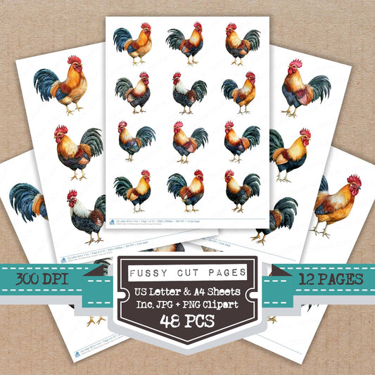 Watercolour Rooster Fussy Cut Sheets (DDD011692)