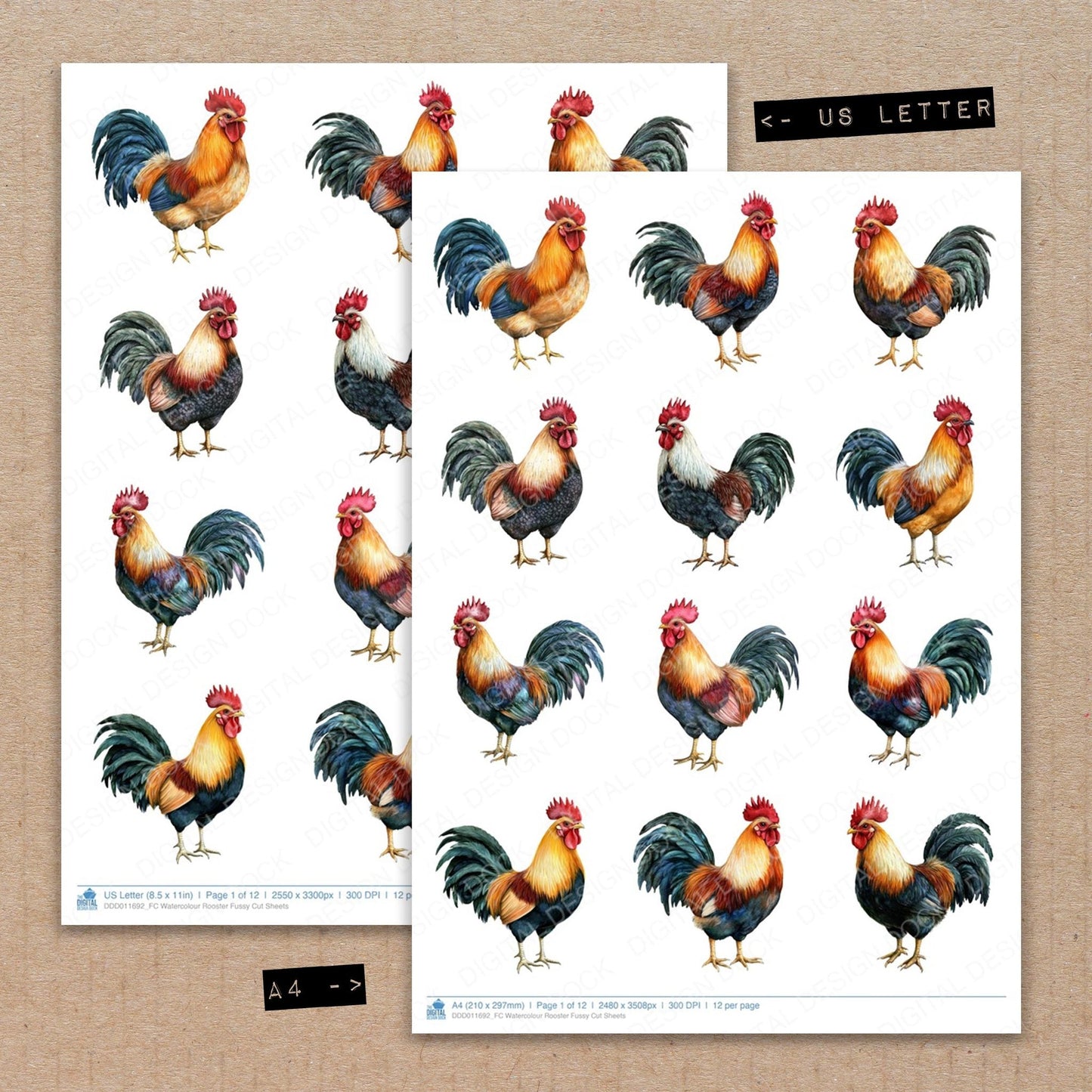Watercolour Rooster Fussy Cut Sheets (DDD011692)