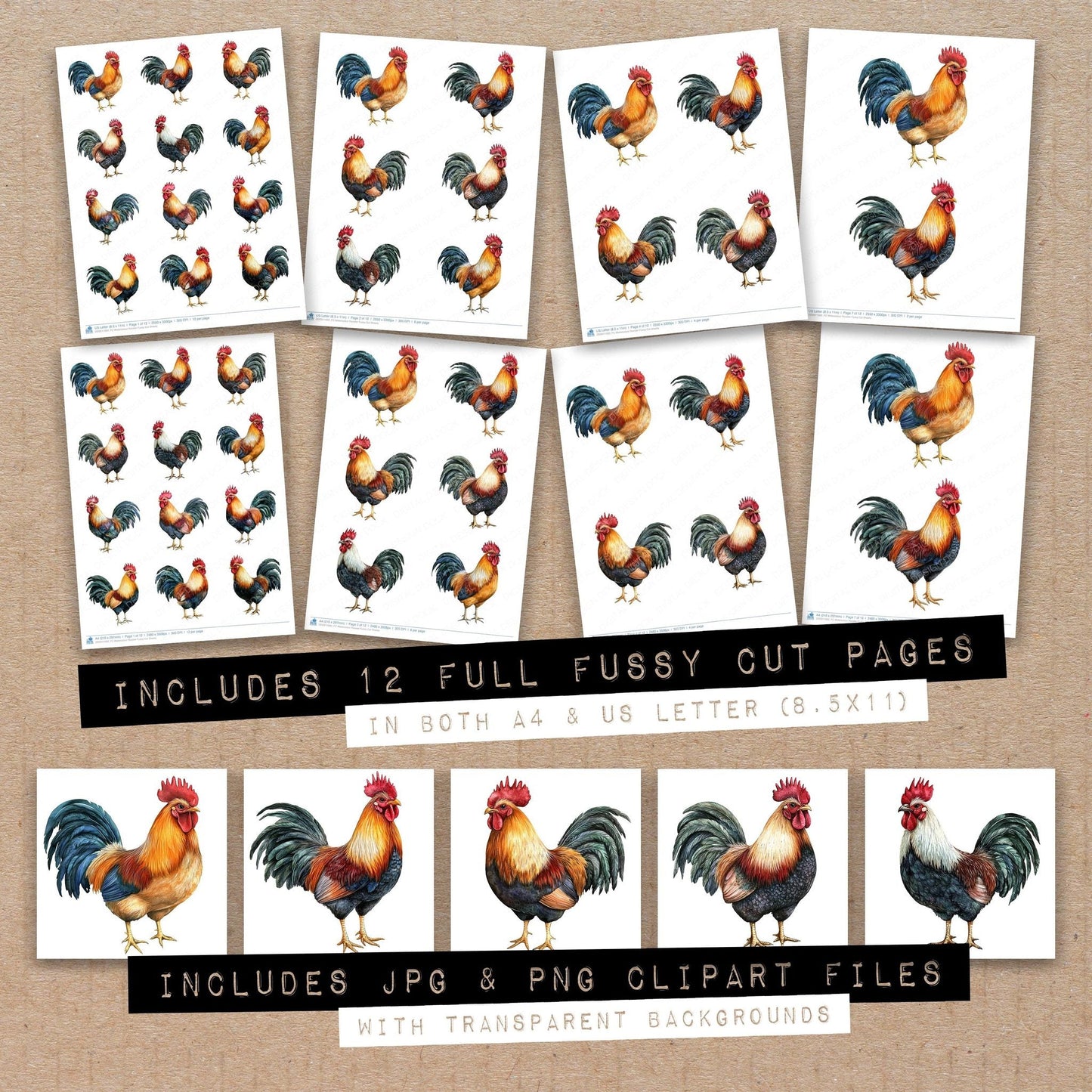 Watercolour Rooster Fussy Cut Sheets (DDD011692)