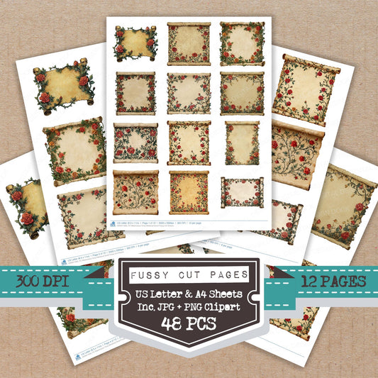 Watercolour Rose Medieval Scroll fussy cut printable sheets for junk journaling, scrapbooking, and paper craft projects