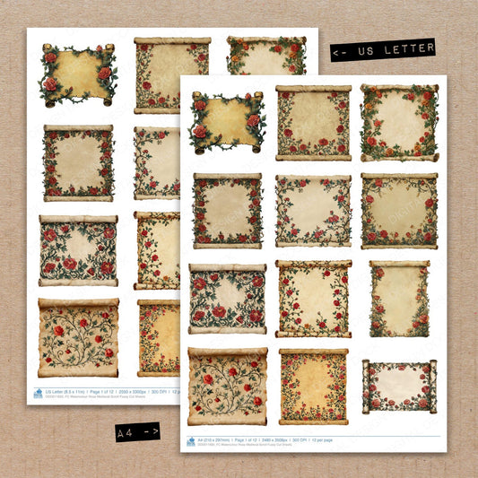 A4 and US Letter format comparison showing Watercolour Rose Medieval Scroll fussy cut pages for print and cut crafting