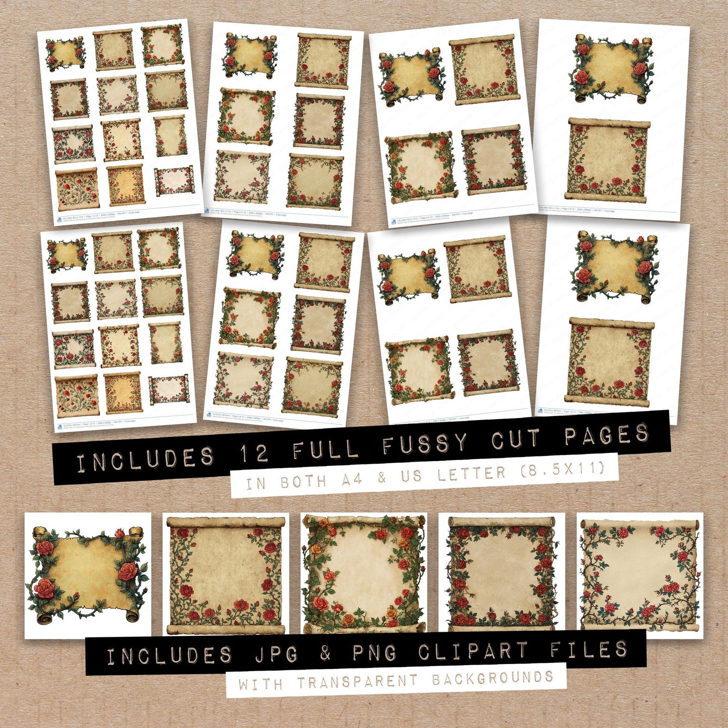 Full collection view of Watercolour Rose Medieval Scroll fussy cut sheets with bonus clipart JPG and PNG files