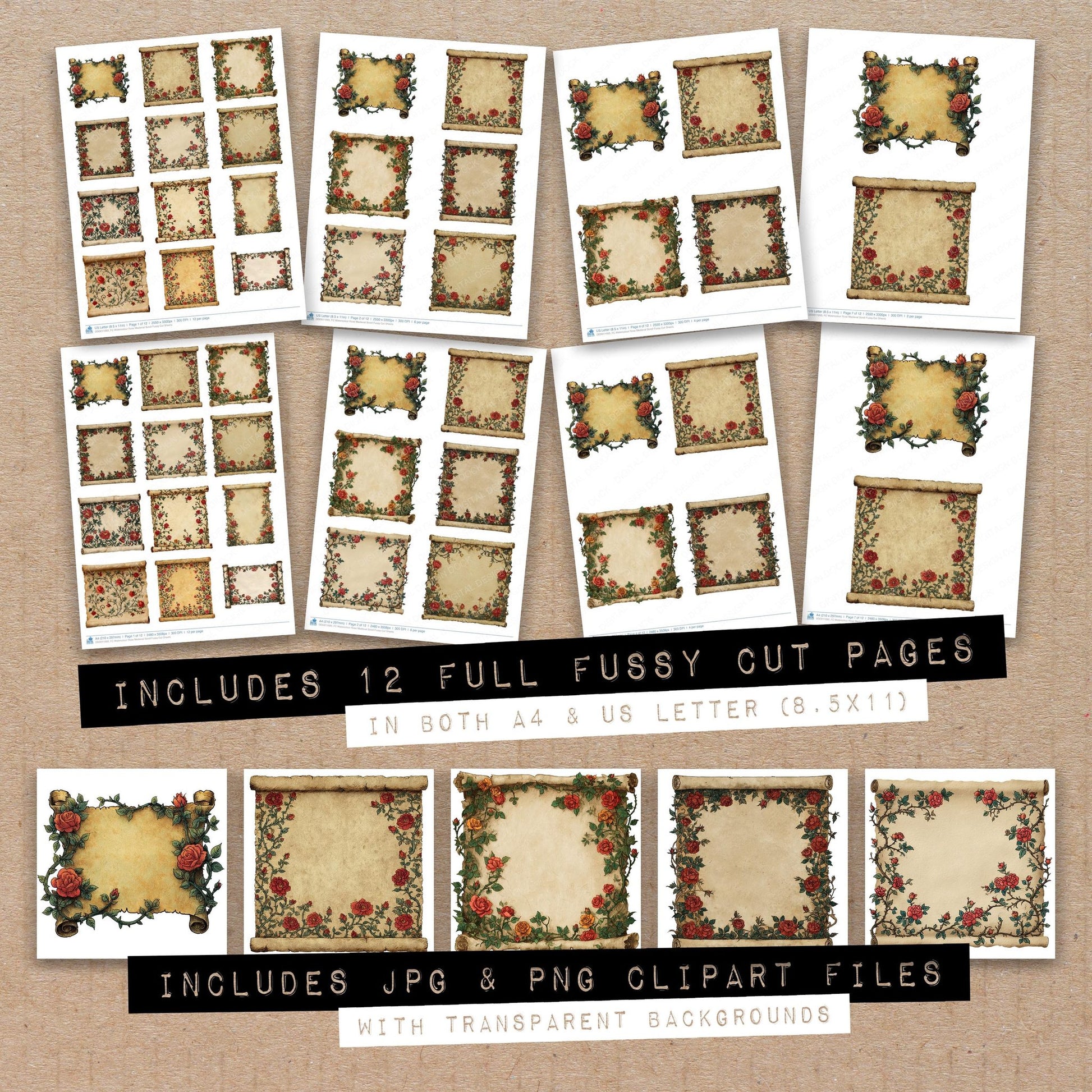 Full collection view of Watercolour Rose Medieval Scroll fussy cut sheets with bonus clipart JPG and PNG files