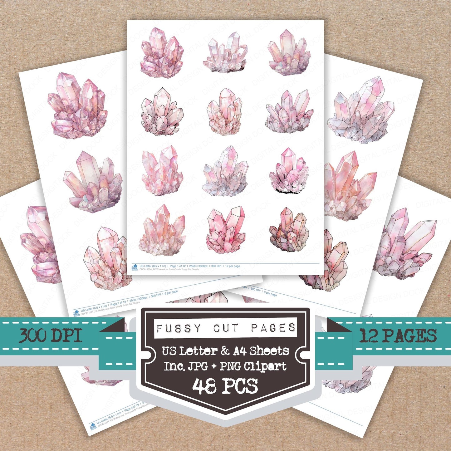 Watercolour Rose Quartz fussy cut printable sheets for junk journaling, scrapbooking, and paper craft projects