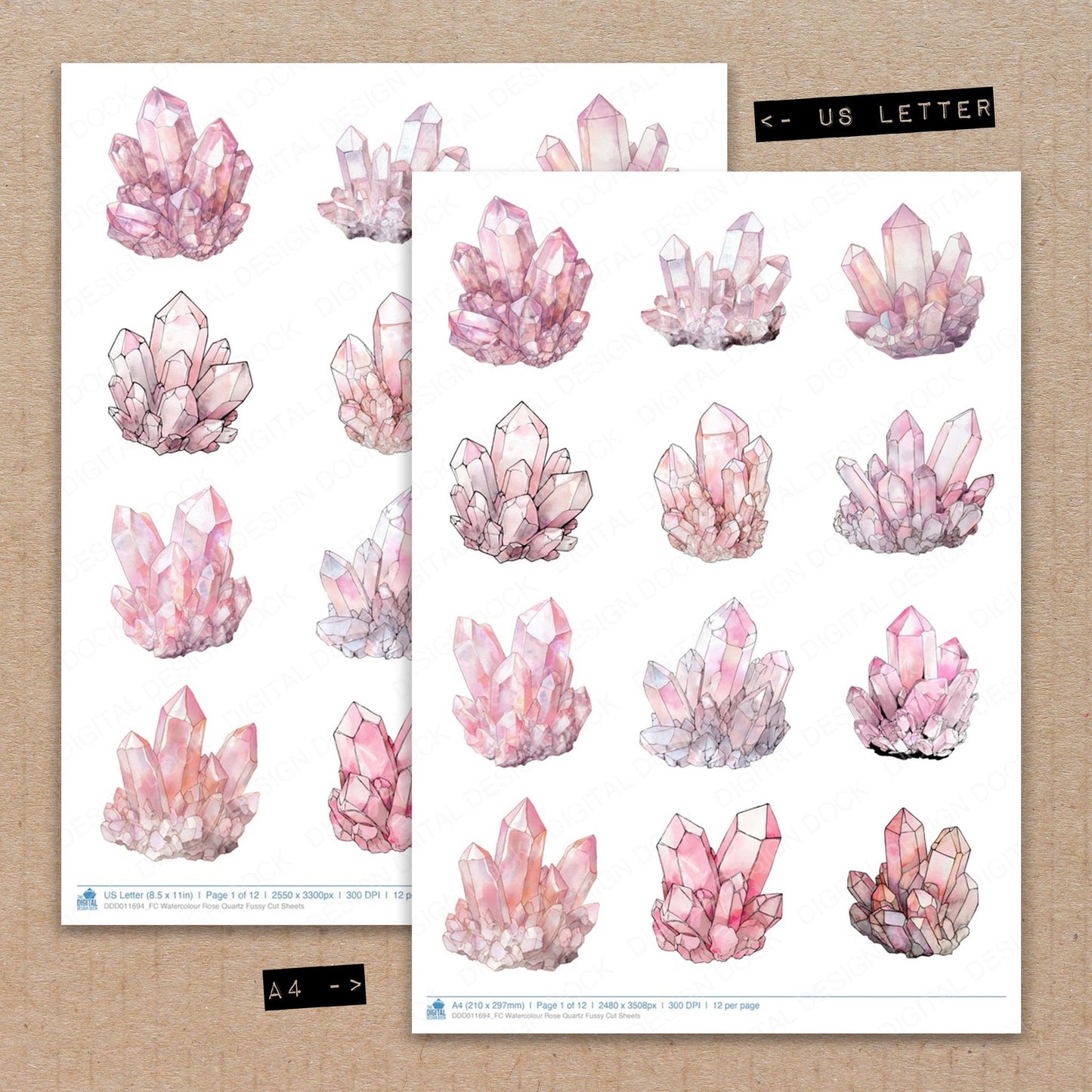 A4 and US Letter format comparison showing Watercolour Rose Quartz fussy cut pages for print and cut crafting