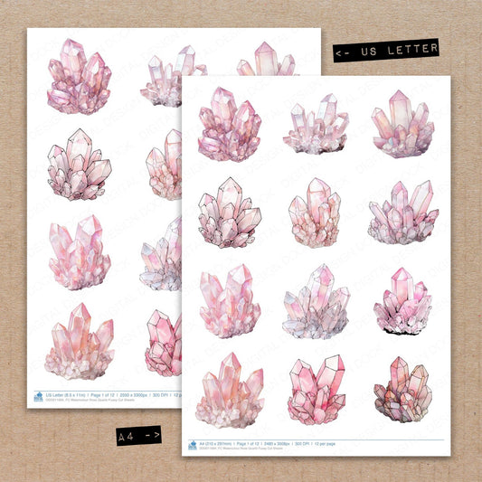 A4 and US Letter format comparison showing Watercolour Rose Quartz fussy cut pages for print and cut crafting